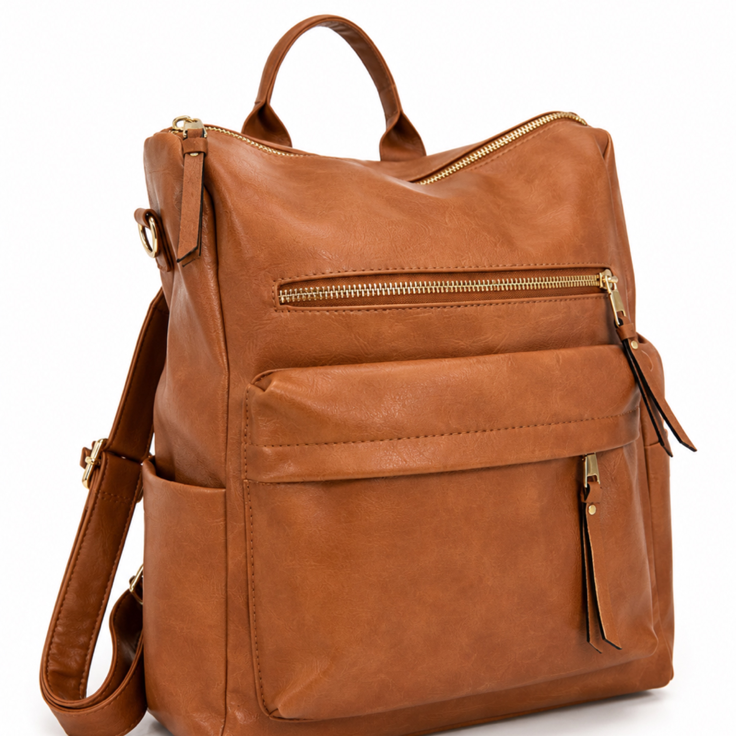 Brown Faux Leather Multi-Pocket Backpack Purse
