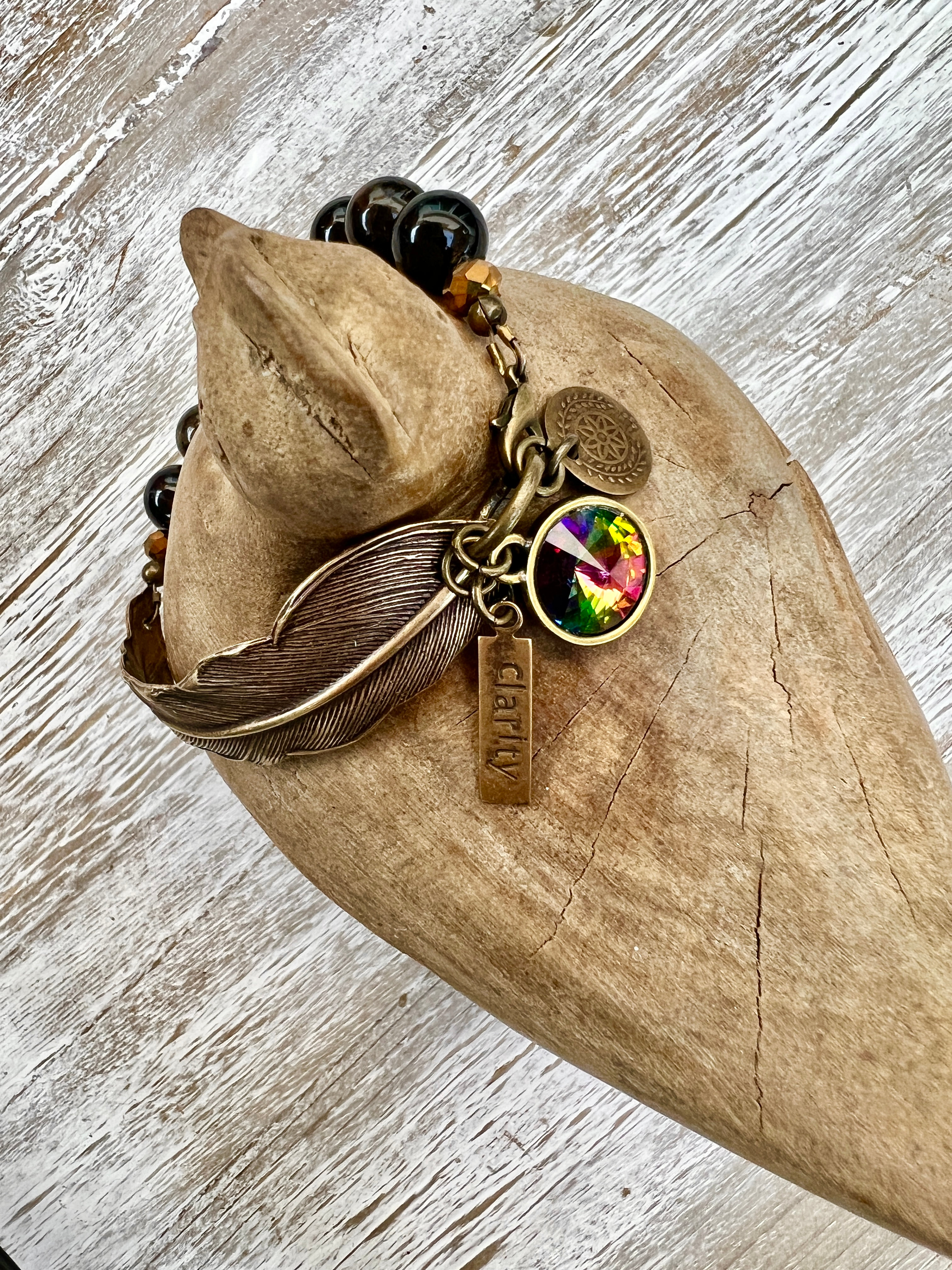Vintaj Natural Brass Feather & Brazilian Watermelon Tourmaline Bracelet with Swarovski Rivoli