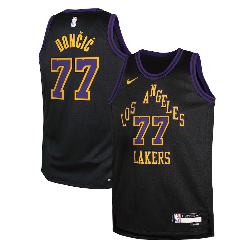 Los Angeles Lakers 2025-26 Luka Doncic #77 Kids Nike Black City Edition Swingman Jersey