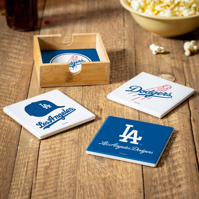 Los Angeles Dodgers 4 Piece Coaster Set with Wood Caddy