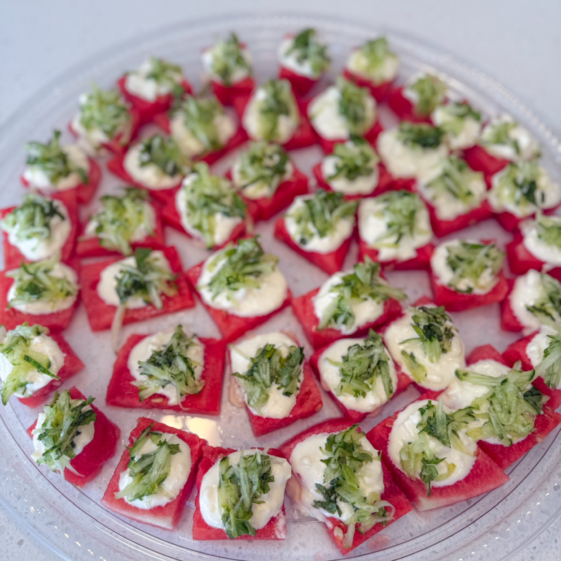 Watermelon platter with feta cream and cucumber-mint salsa
