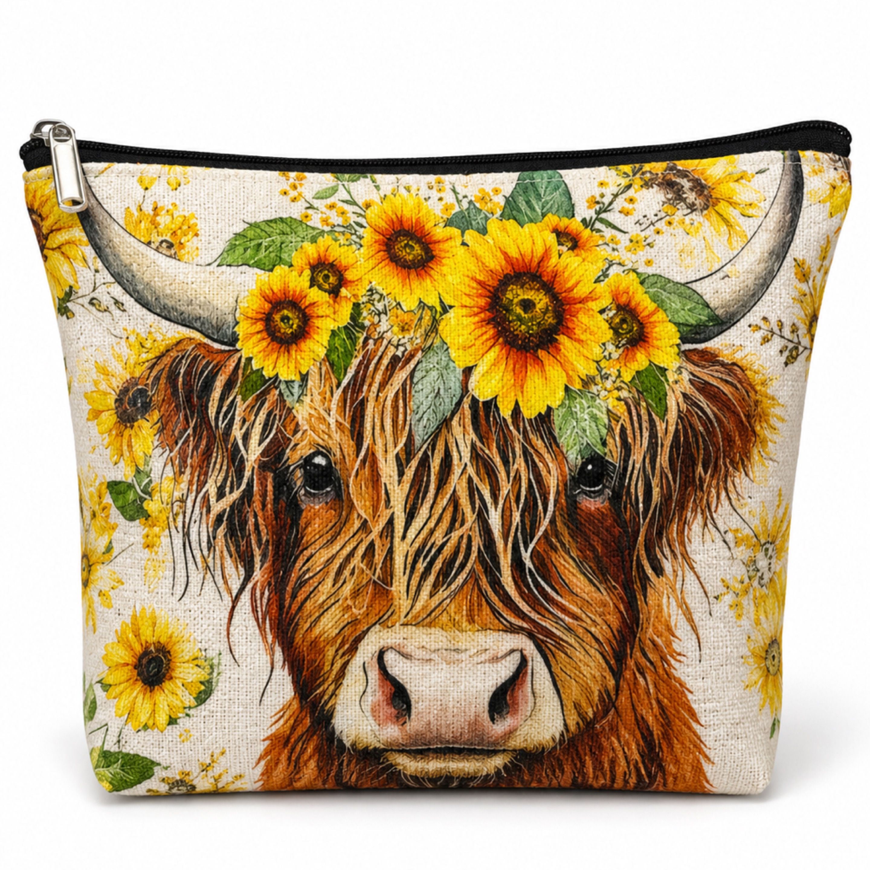 Sunflower Highland Cow Zipper Pouch