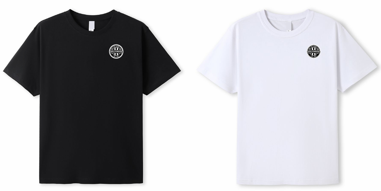 Black and white short-sleeve Mollymook T-shirts shown from the front with circular club badges on the left chest.
