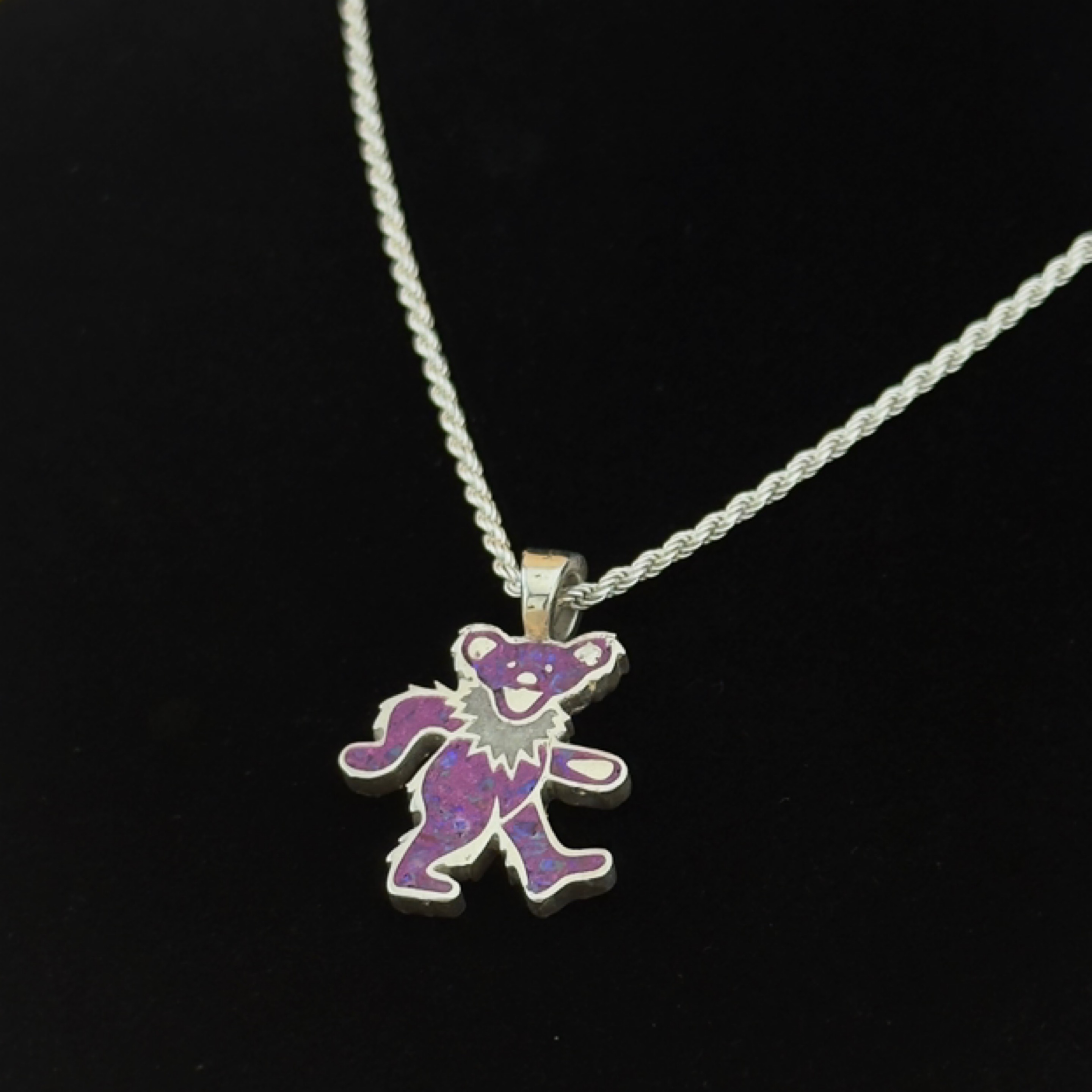 Marching Bear Pendant – Pink Howlite / Crushed Opal Inlay (UV Reactive), 925 Sterling Silver