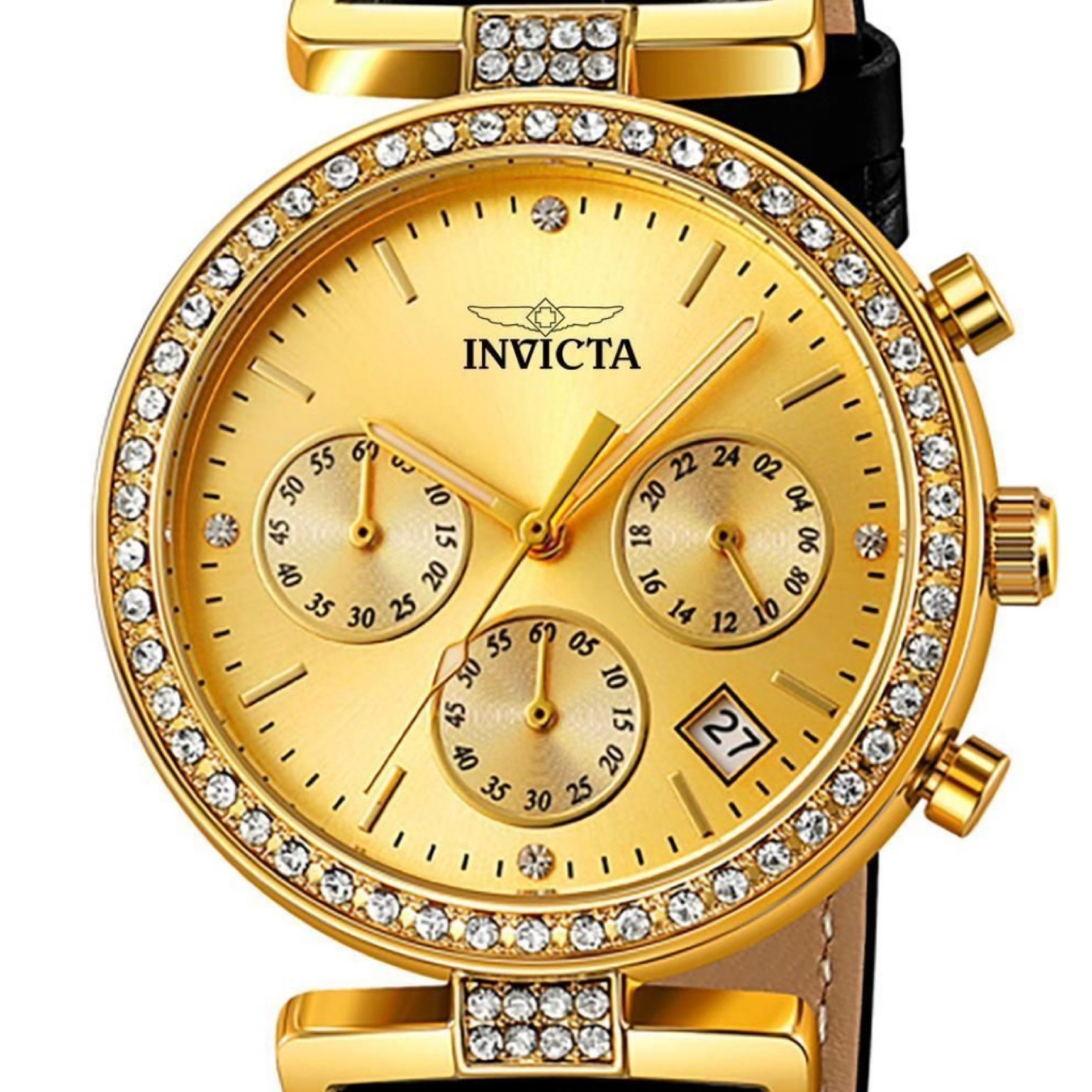 Invicta Celestial Lady 38mm Gold Tone Case Gold Metal Dial Black Band