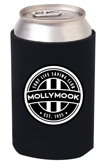 Black Mollymook Surf Life Saving Club stubby cooler shown around a drink can.