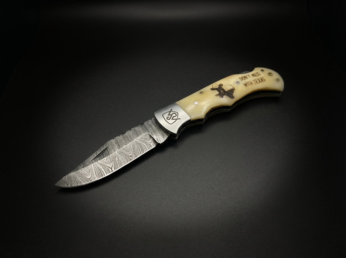 TX - Bone Damascus Steel Folding Knife - 3 in. #012