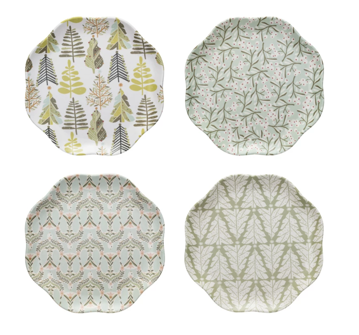Bamboo Melamine Scalloped Plate w/ Berry/Tree/Dove Pattern, Set of 4 - Set of 4