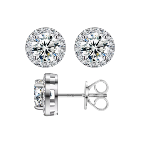 Moissanite Halo Stud Earrings — 4 Carat D VVS1 Sterling Silver