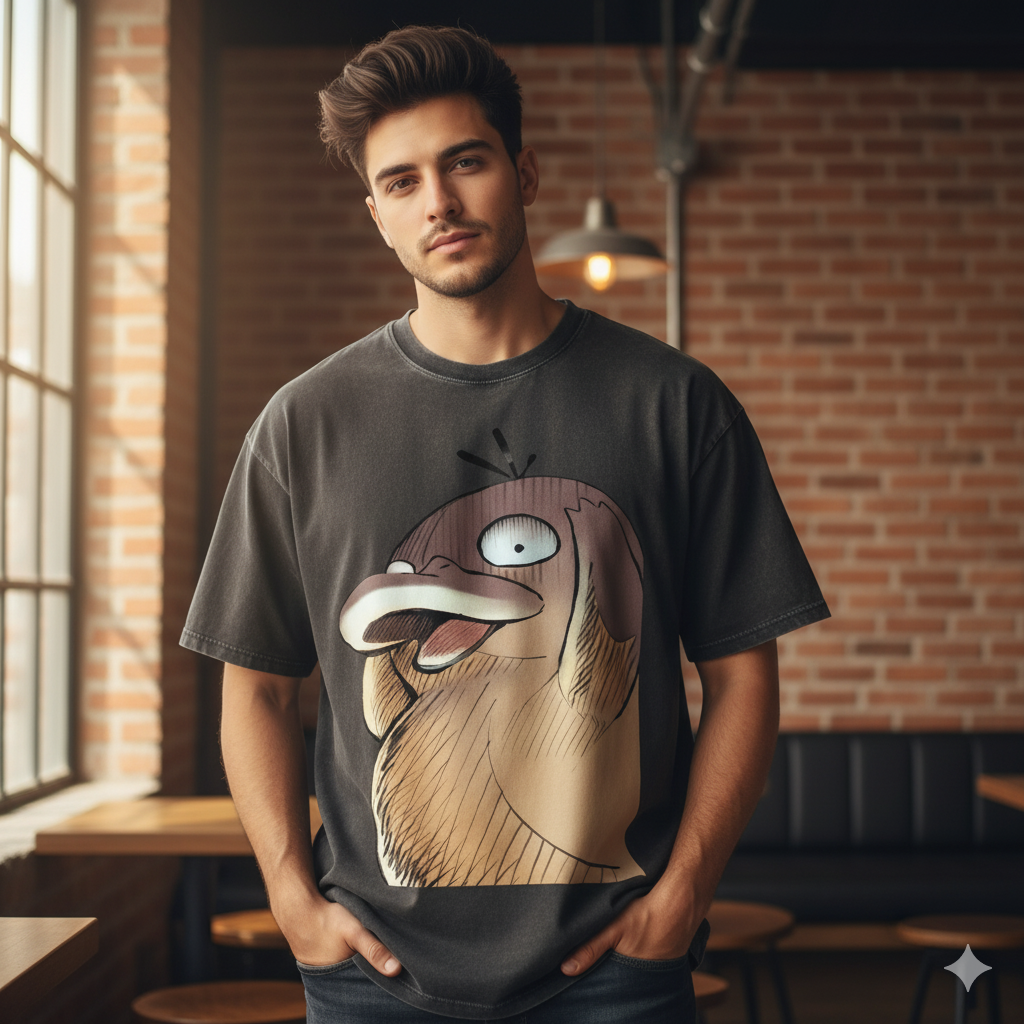 Retro Style Wide Fit Distressed Pokémon Psyduck T-Shirt