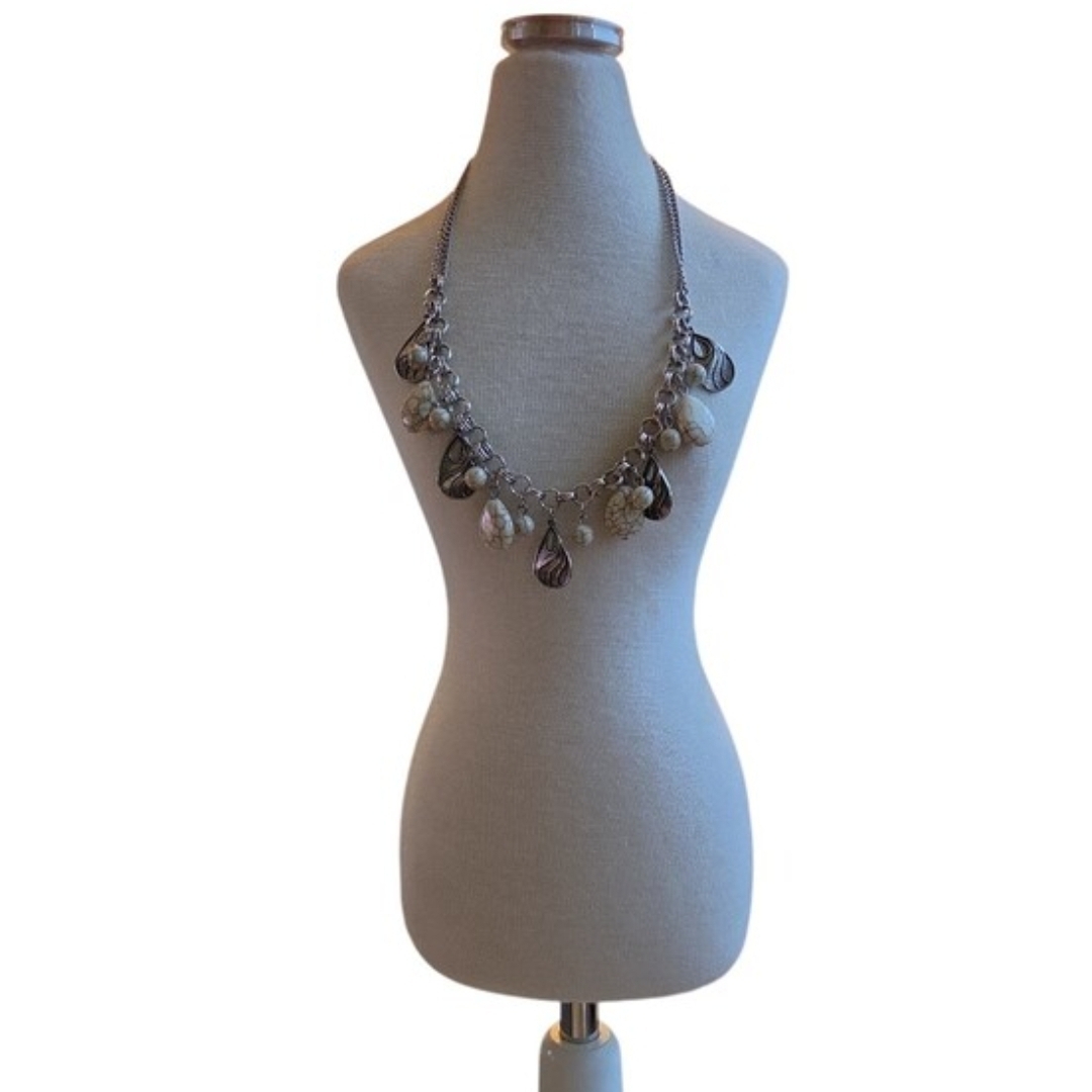 Silver Toned Chain Necklace with White and Brown Marbled Teardrop Charms 18"