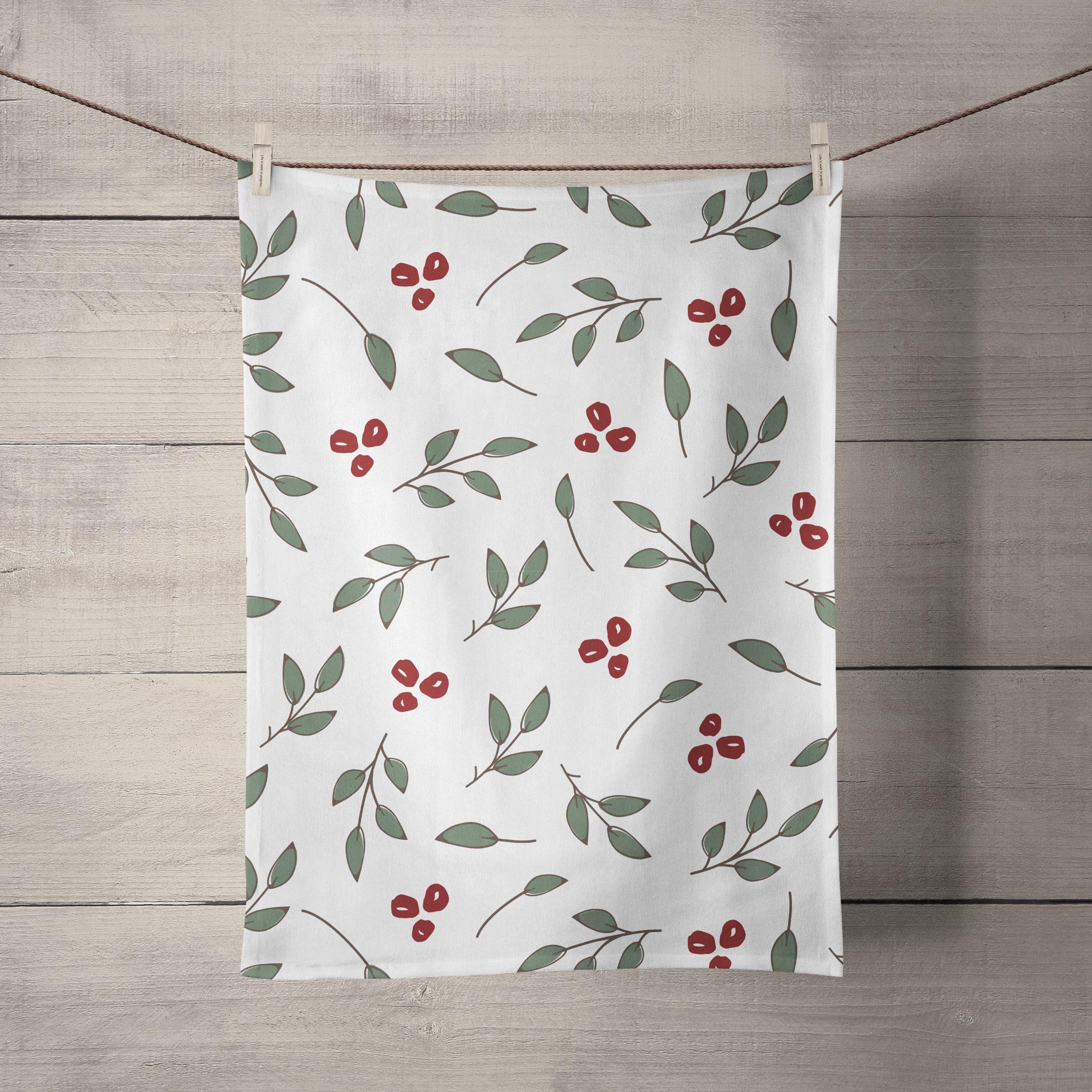 Christmas Leaves (Red) Tea Towel