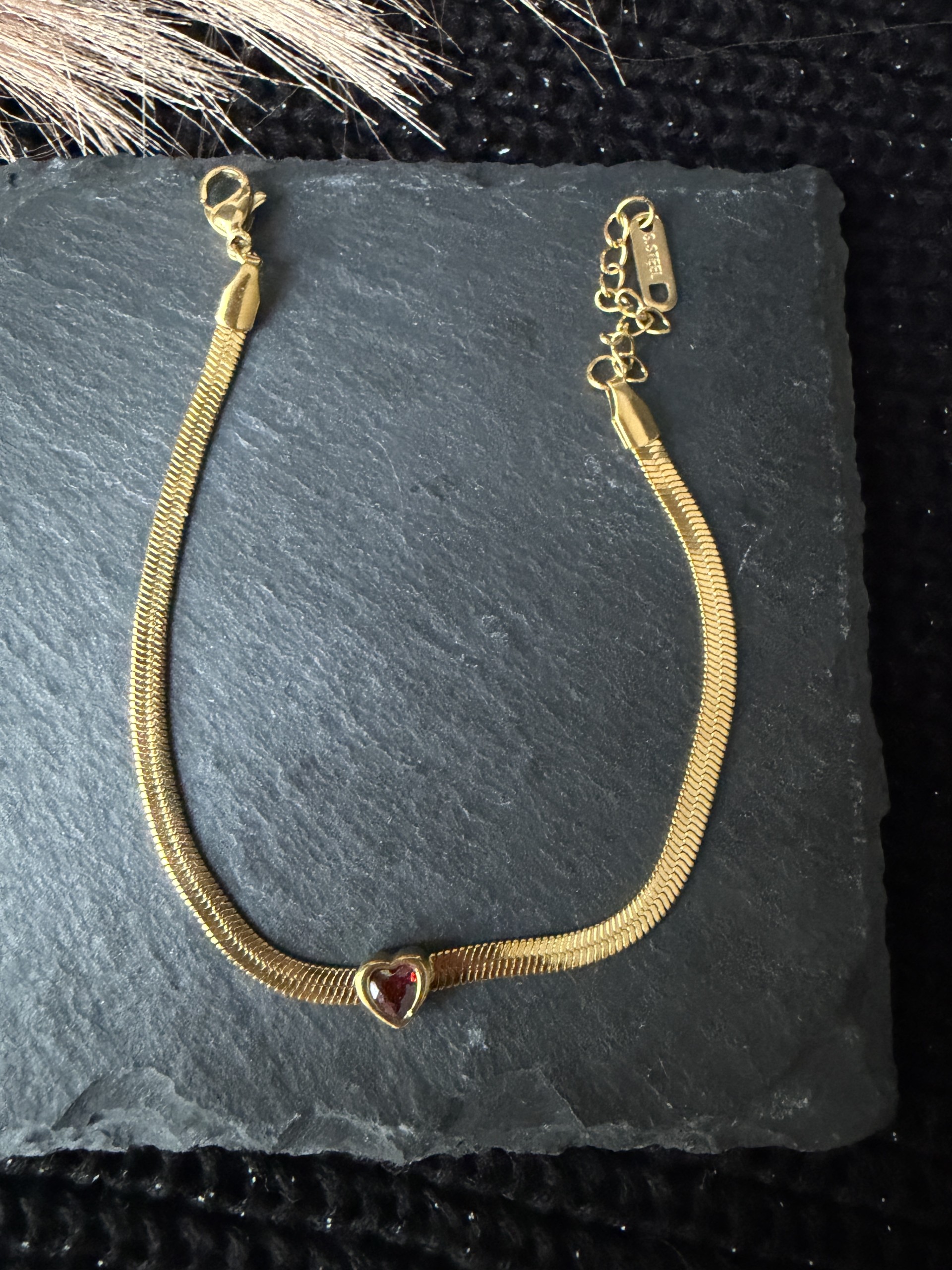 18K Gold Plated 304 Stainless Steel Wine Red Rhinestone Snake Chain Bracelet