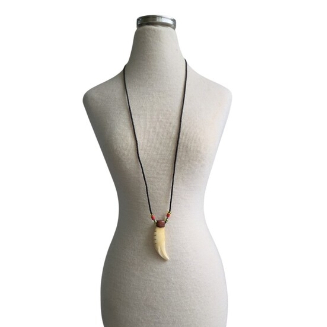 Beaded Black Cord Necklace with Ivory Horn Pendant 23"