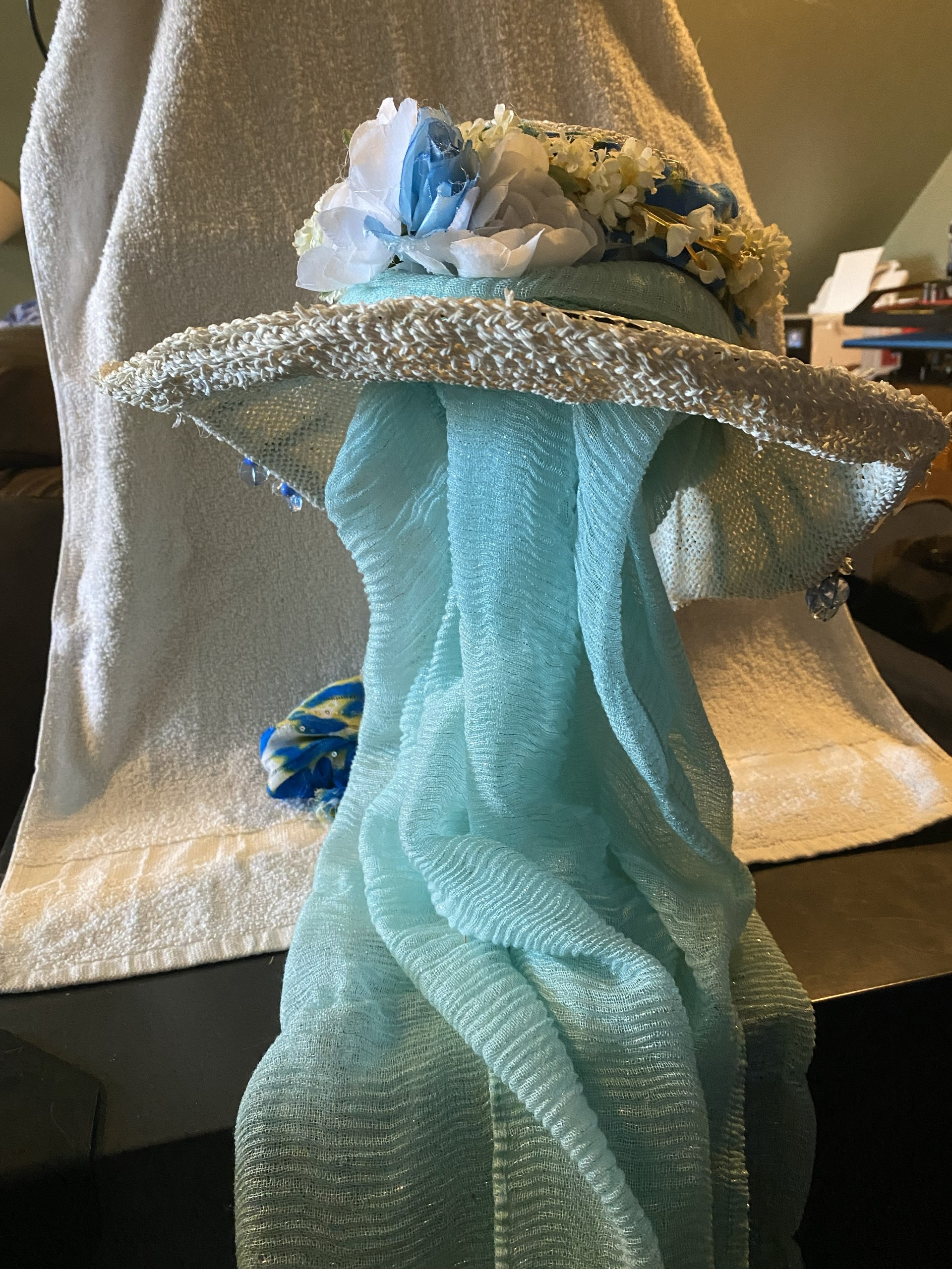 Beaded White Roses Bonnet with Cyan/Blue Scarf