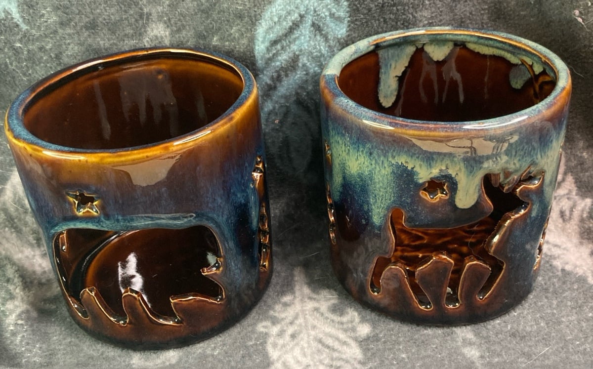 BLUE BROWN GLAZED DRIP LUMINARY CANDLE HOLDERS SET BEAR AND REINDEER