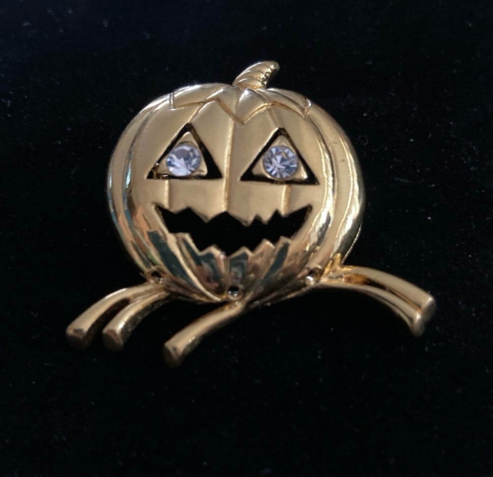 Vintage Avon Pumpkin Brooch/Pendant Rhinestone Eyes