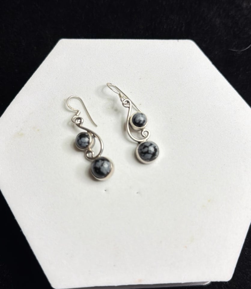 Sterling Silver dangle earrings w/ Snowflake Obsidian Gemstones 1β