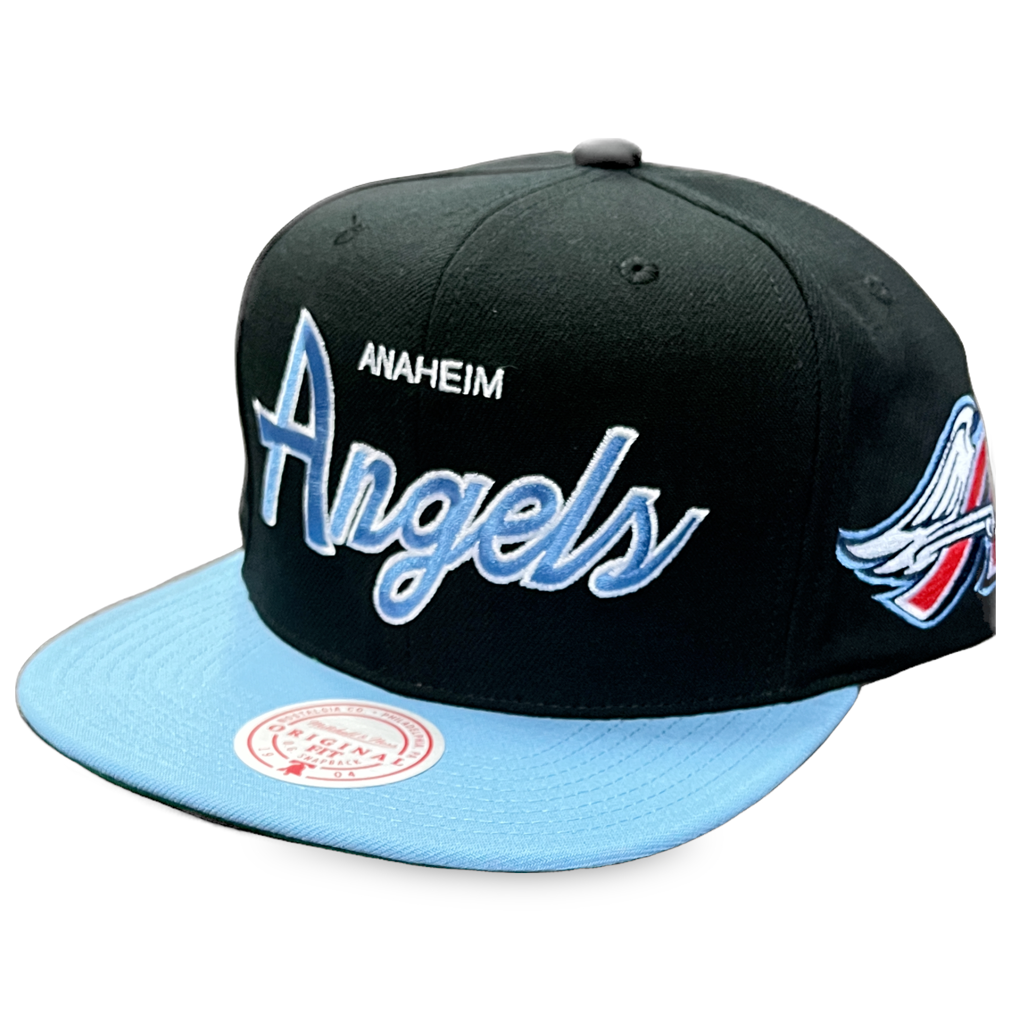 Anaheim Angels Black/Light Blue Mitchell and Ness Block Script Snapback Hat