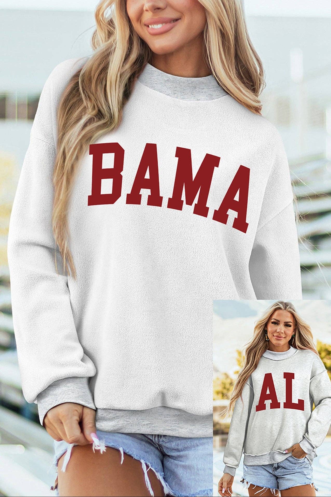 Light Grey AL/ BAMA Double Side Printed Mock Neck Reversible Sweatshirt — Bama Tan boutique, Tuscaloosa AL