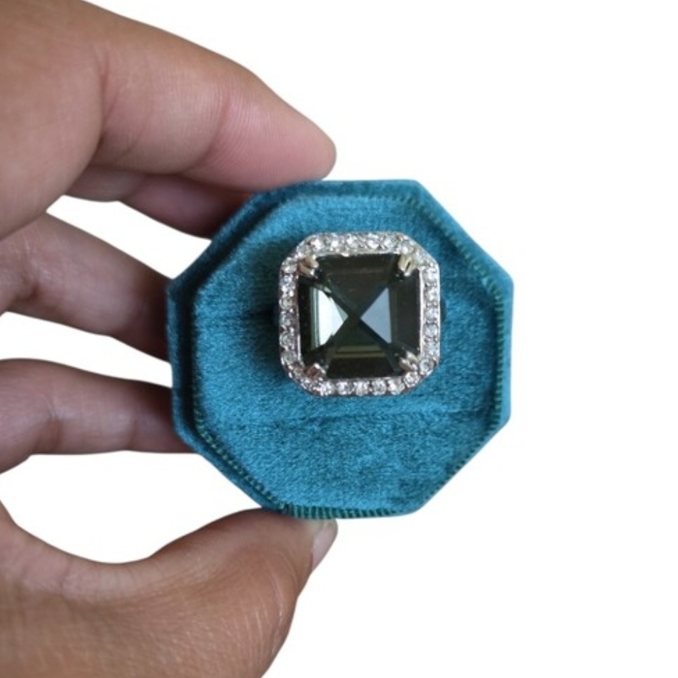 Size 9 Silver Toned Elegant Greyish Green Square Halo Cocktail Ring