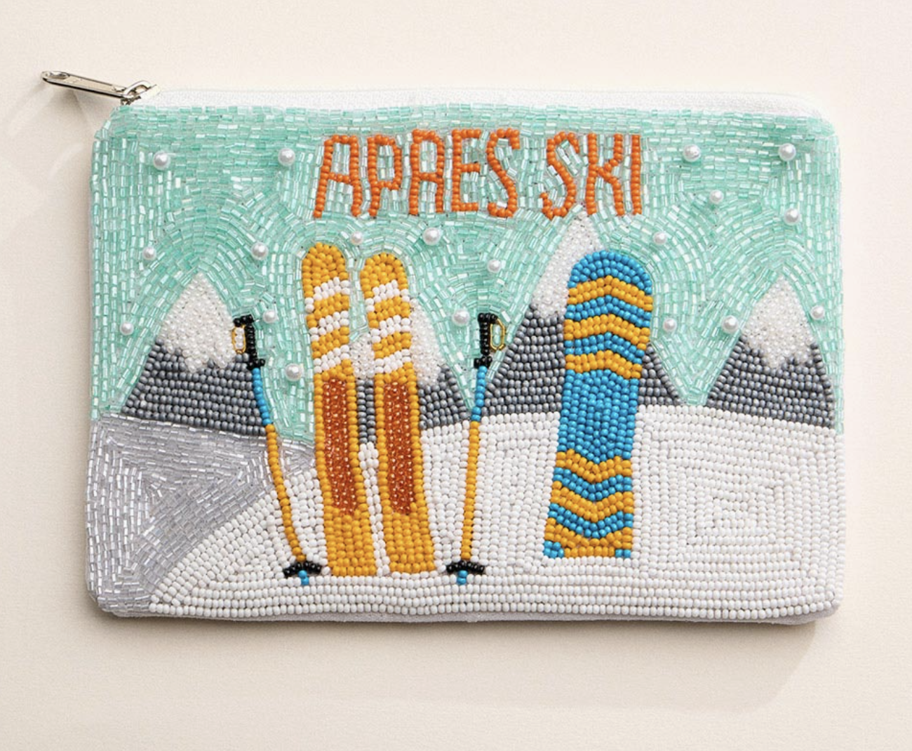 Apres Ski Beaded Mini Pouch with Skis and Snowboard