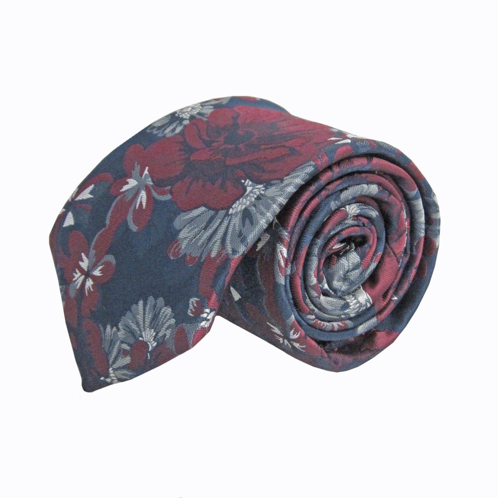 59 X 3.5 Inch Navy Burgundy Floral Tie&Psq