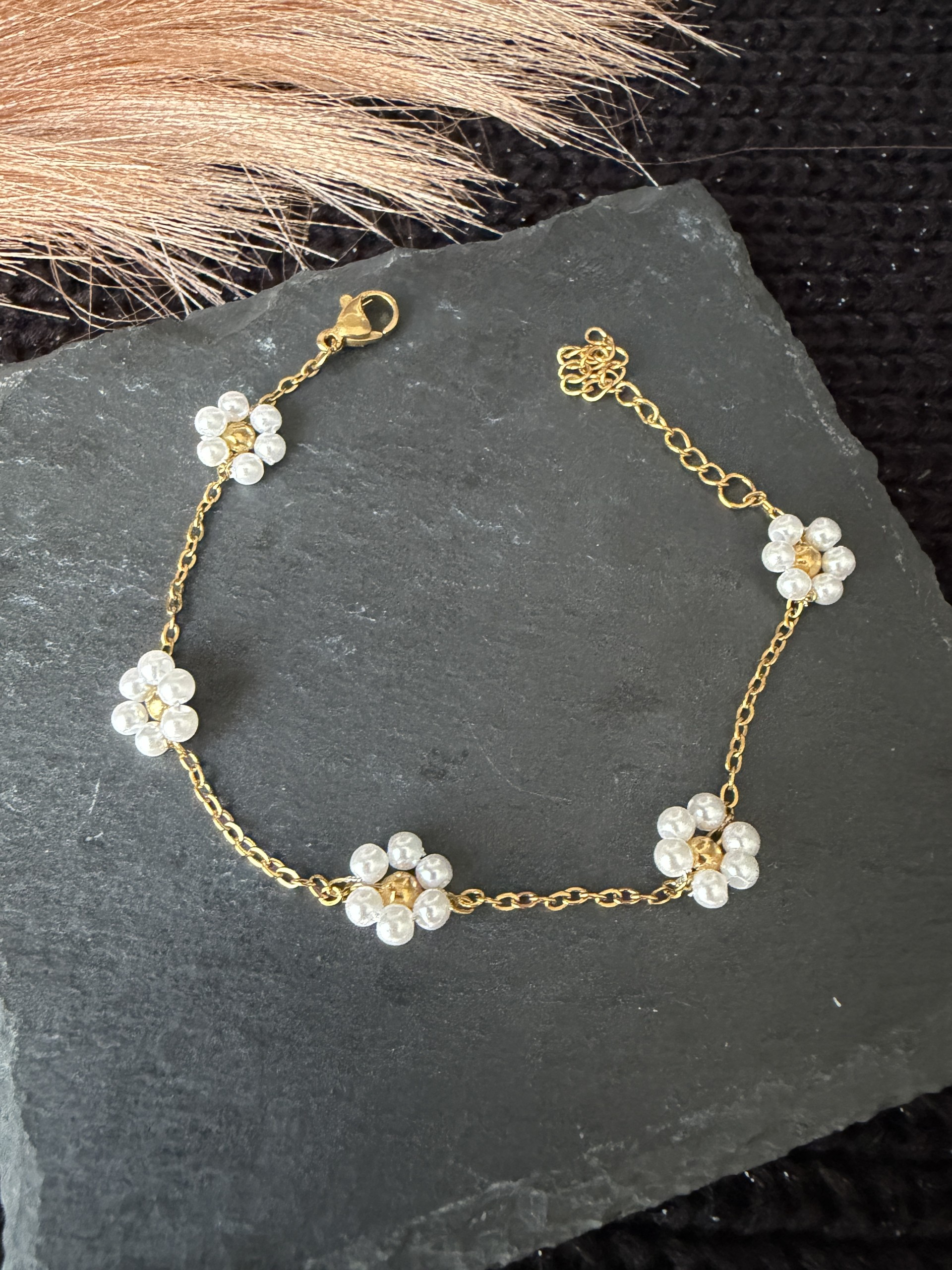 18K Gold Plated 304 Stainless Steel Flower Beaded Chain Bracelet
