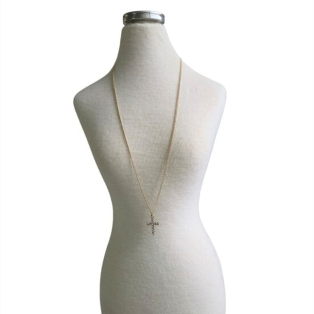 Vintage Delicate Gold-tone Cross Rhinestones Pendant Necklace 26"