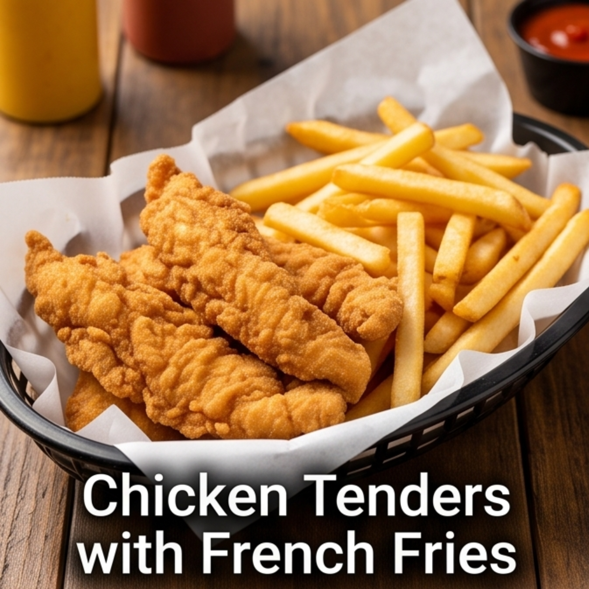 Chicken tenders, con papas fritas.