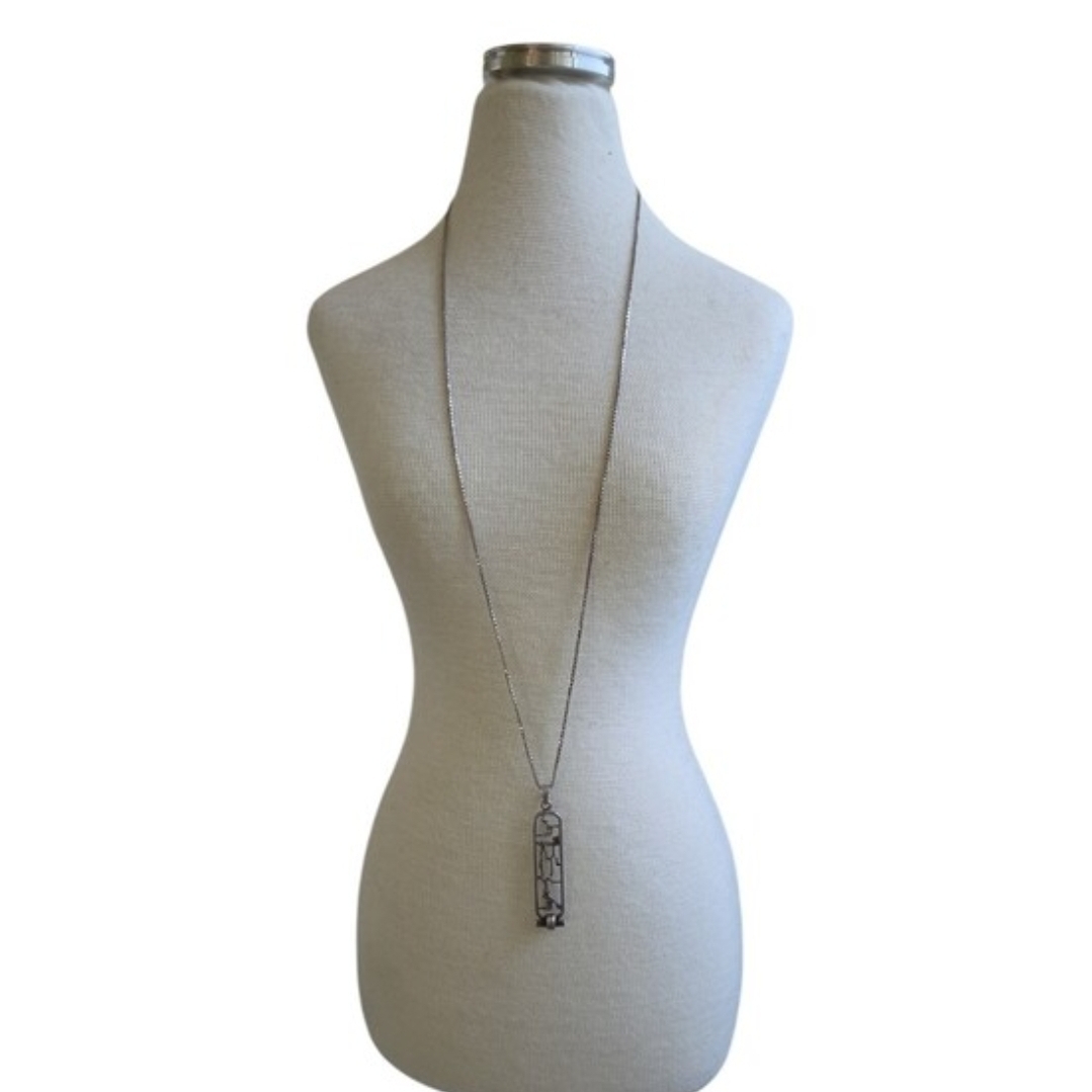 Silver Toned Long Egyptian Cartouche Pendant Necklace 26"