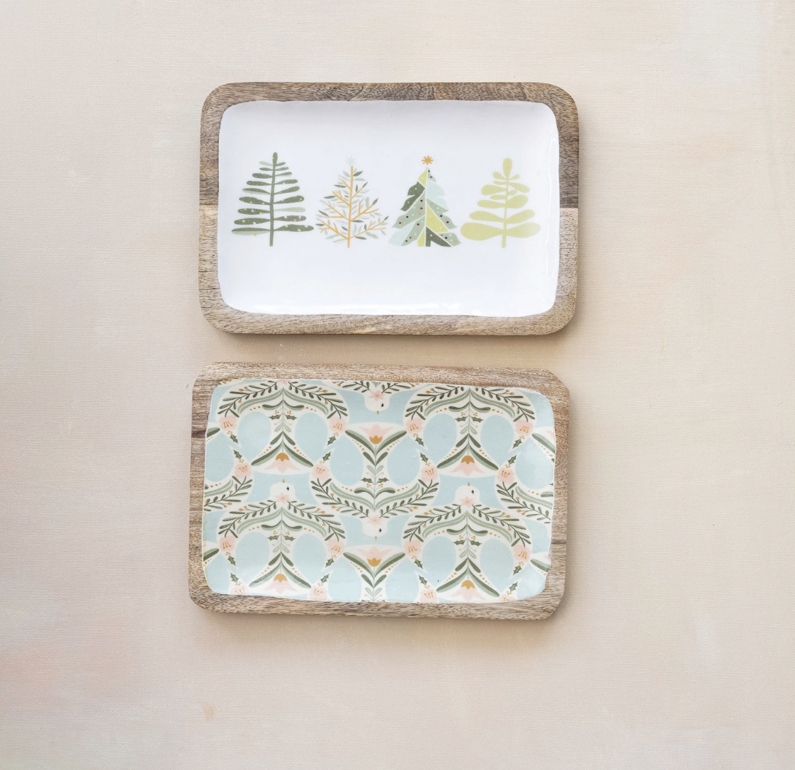 Enameled Mango Wood Trays w/ Dove/Trees Patterns, Set of 2 - Green w/Doves