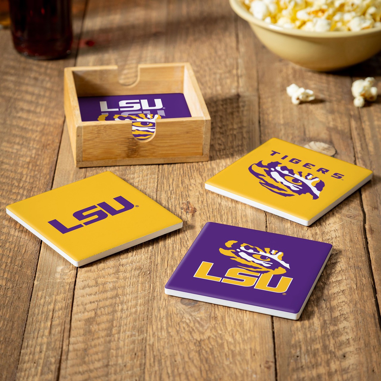 LSU Tigers 4 Piece Coaster Set with Wood Caddy