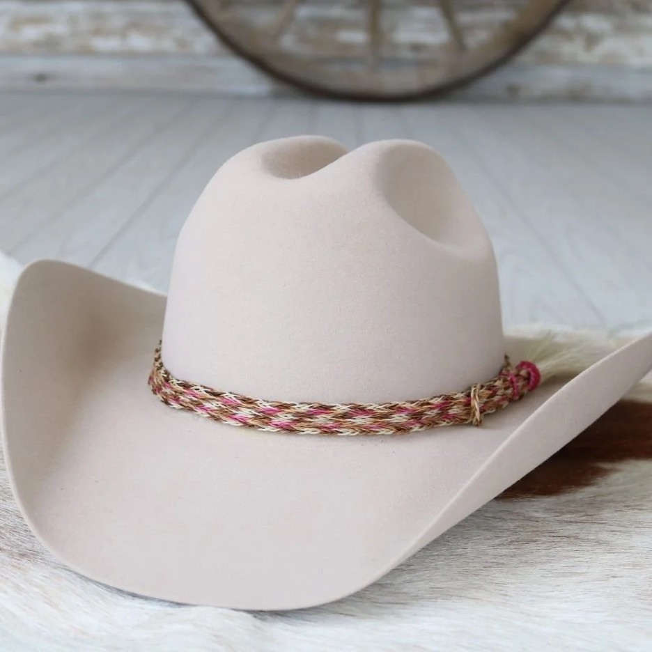 Willow Genuine Horsehair 6 Strand Braided Hat Band with Single Tassel - Pink