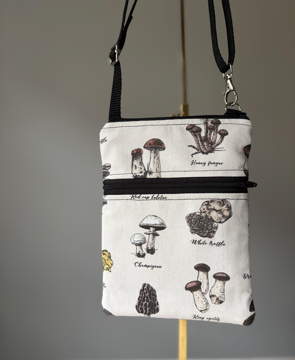 Small Crossbody Bag – Types of Mushrooms – handmade crossbody bag