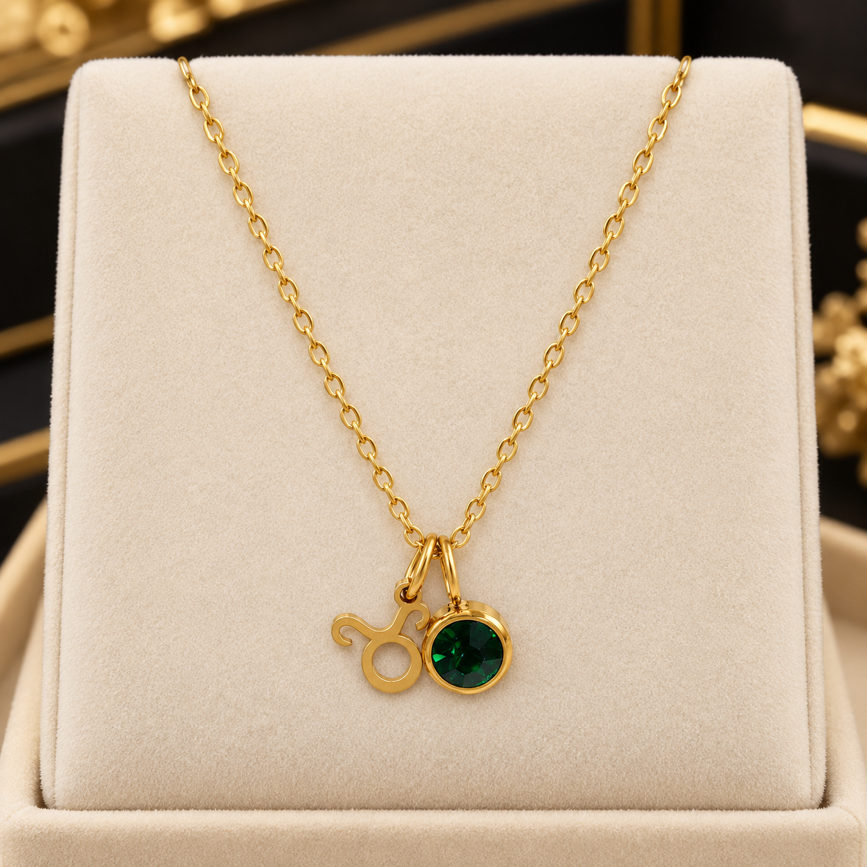 18K Gold Plated 304 Stainless Steel Green Rhinestone Double Charm Necklace