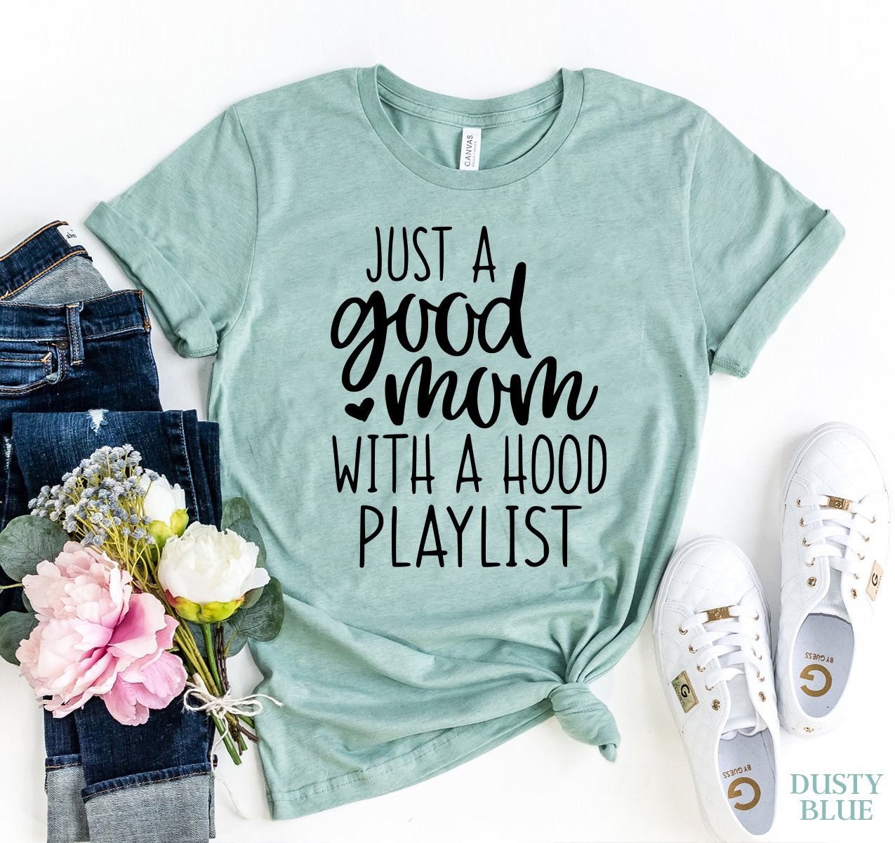 Just A Good Mom T-shirt in Heather Blue · M