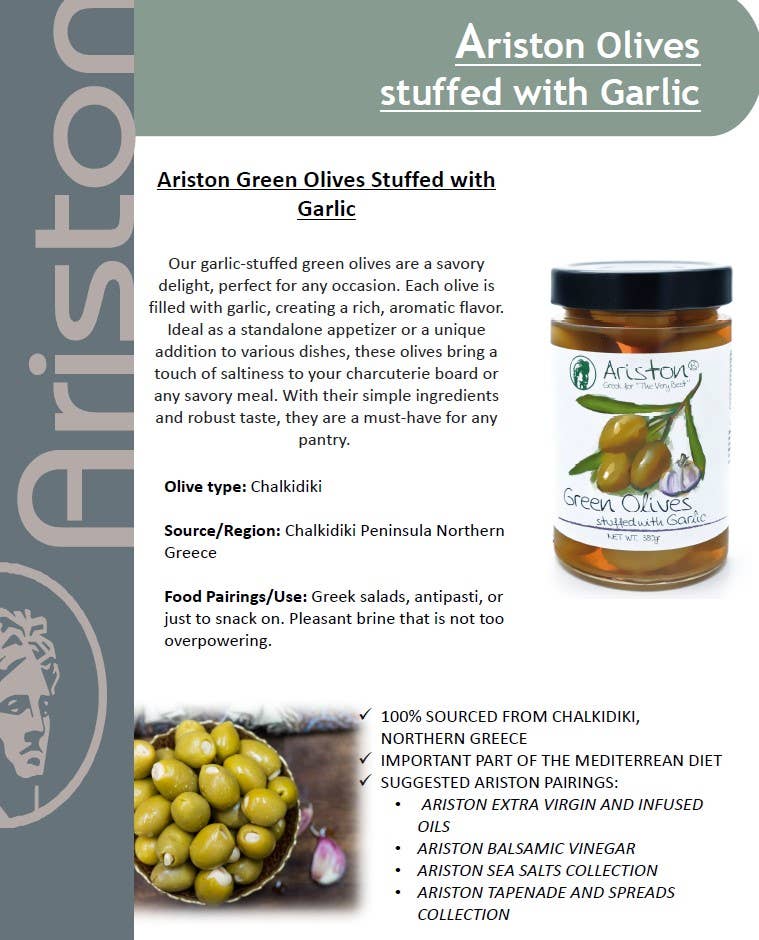 Ariston Green Olives Stuffed Garlic - 13.40oz