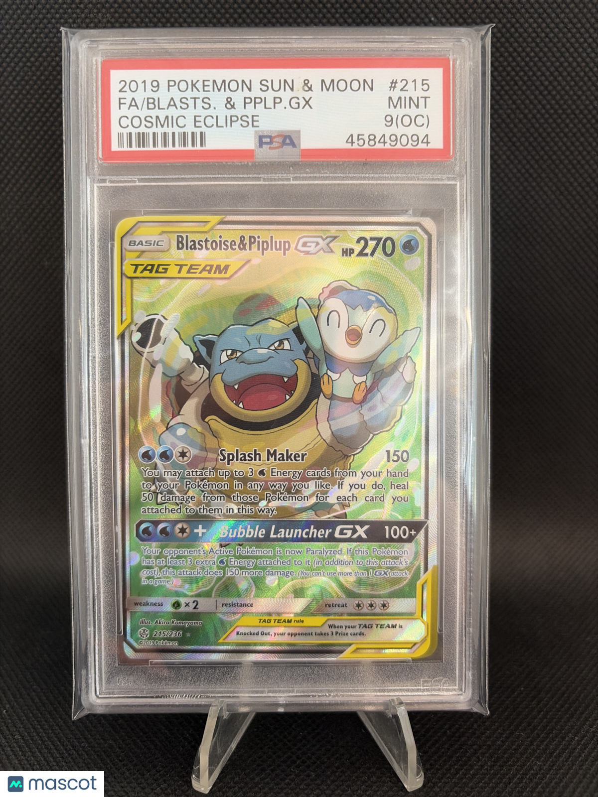 2019 Pokemon Sun & Moon Cosmic Eclipse Blastoise & Piplup GX OC #215 PSA 9