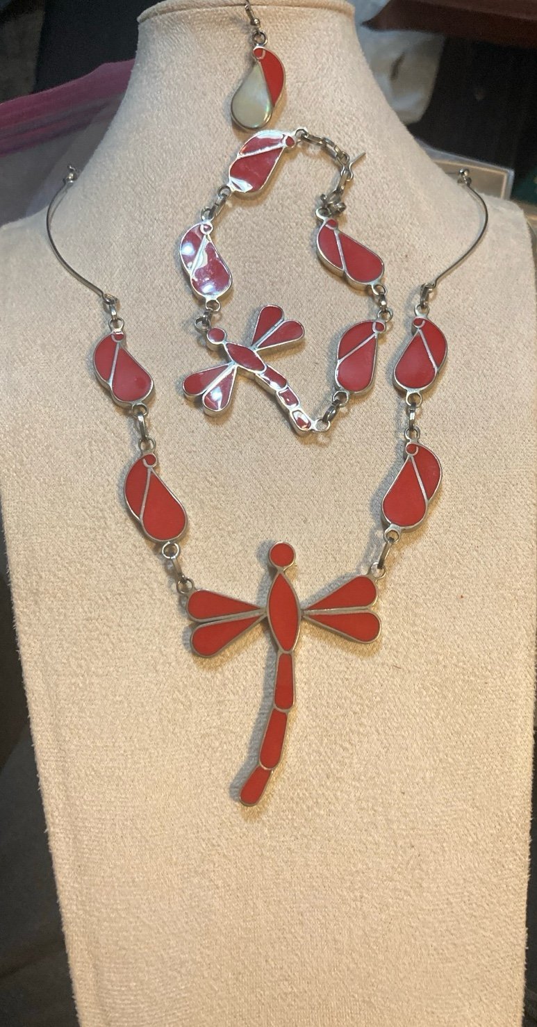 DRAGONFLY RED ENAMEL/ MOP SILVER TONE REVERSIBLE Necklace Bracelet Earring