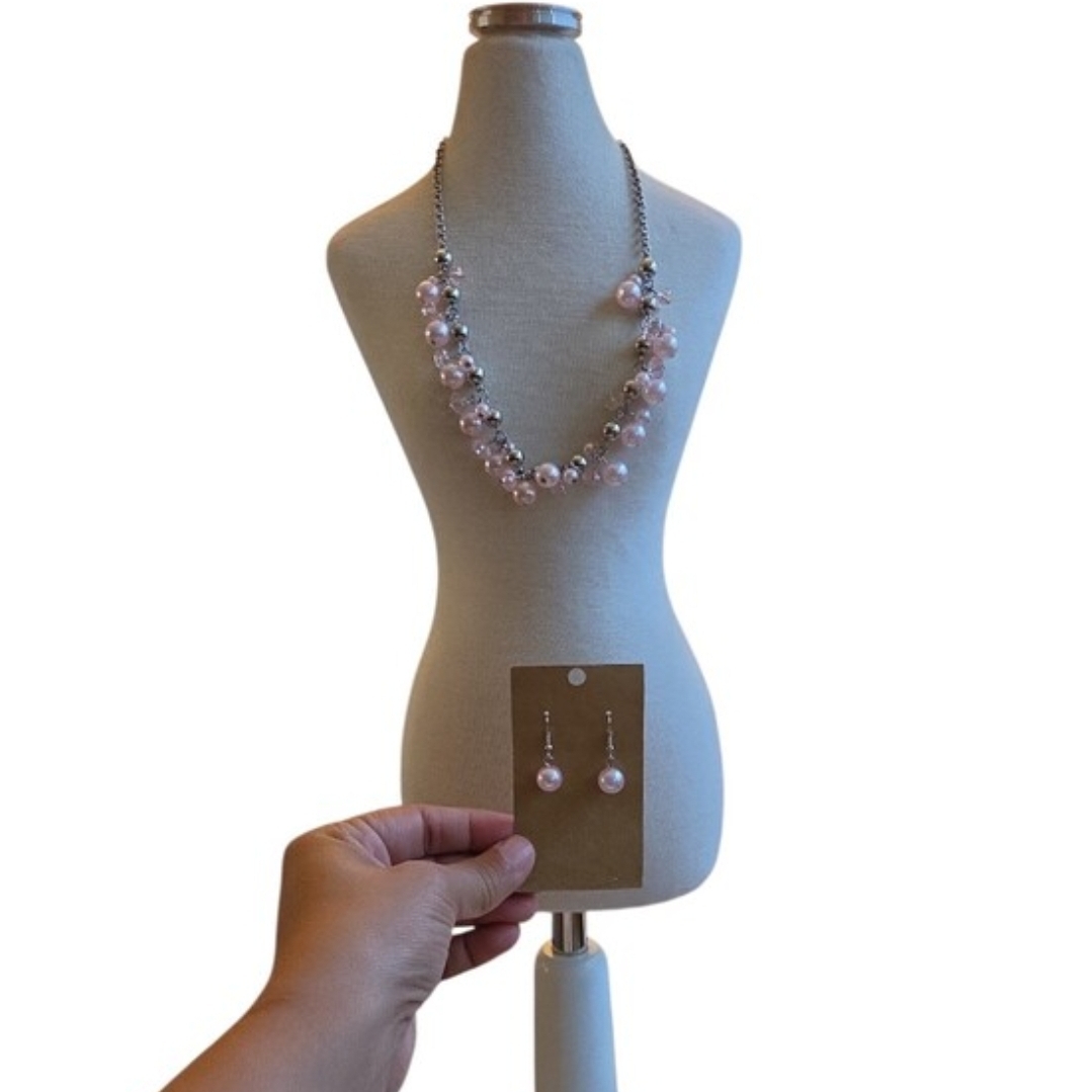 Silver Toned Pink Pearl Cluster Necklace and Drop Earrings Set 18"