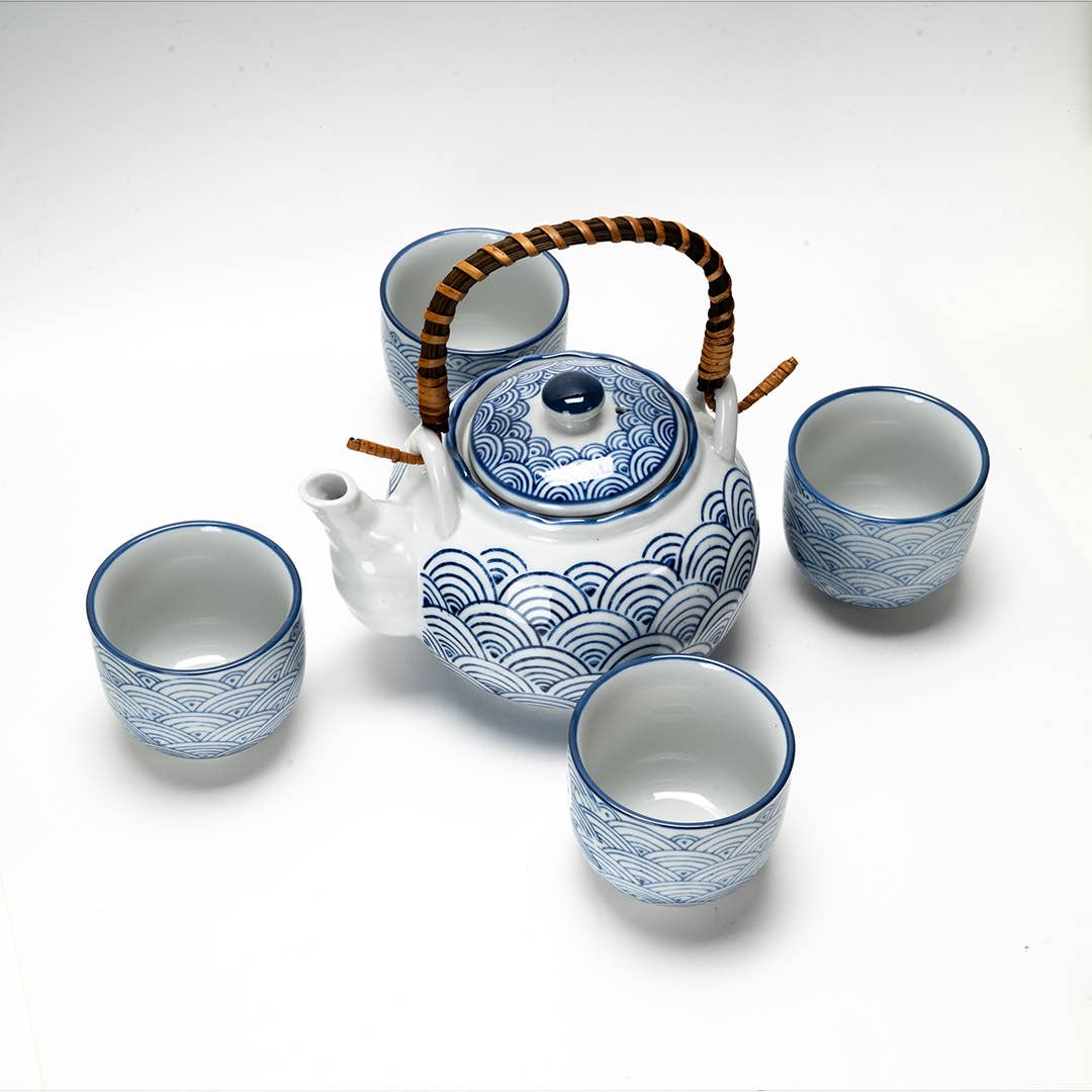 Japanese Seikaiha Waves Tea Set 22oz Tea Pot with 4 Cups (1/12)