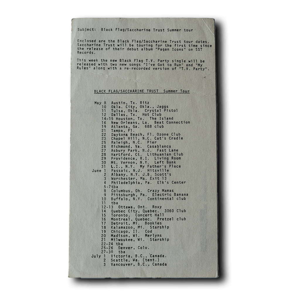 Black Flag -- 1982 Tour Dates [Miscellaneous Ephemera]