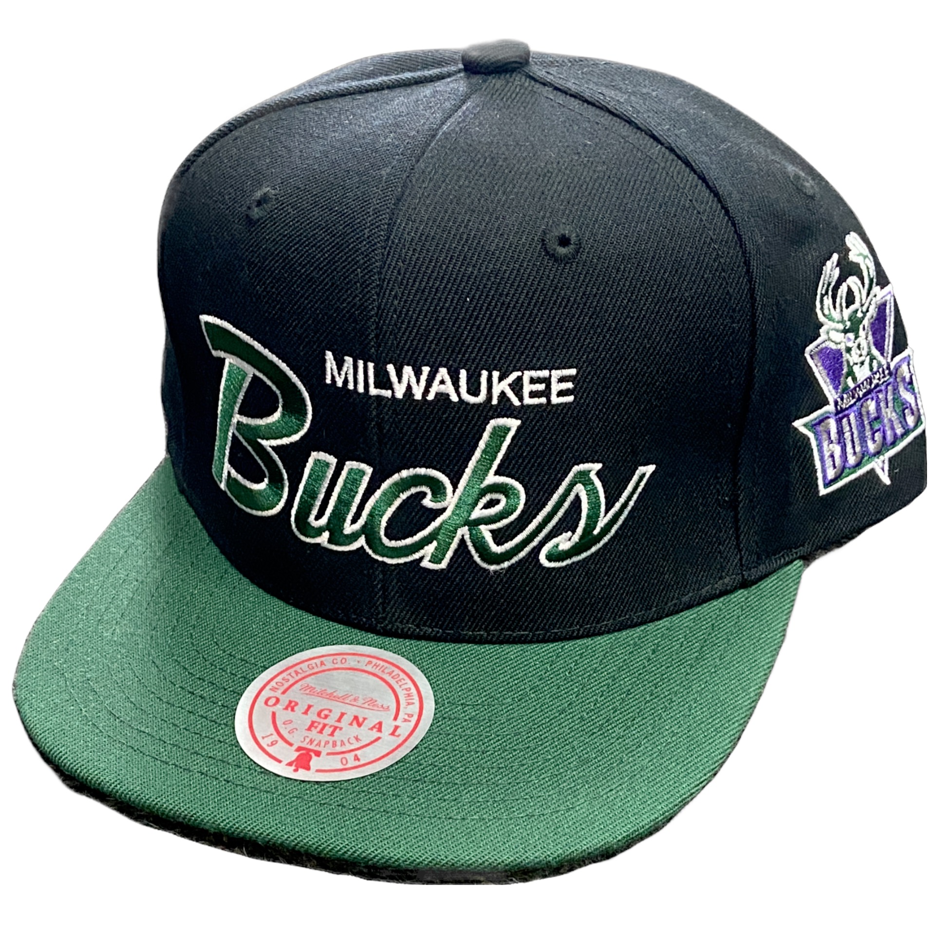 Milwaukee Bucks Retro Script Mitchell and Ness Black/Green Snapback Hat