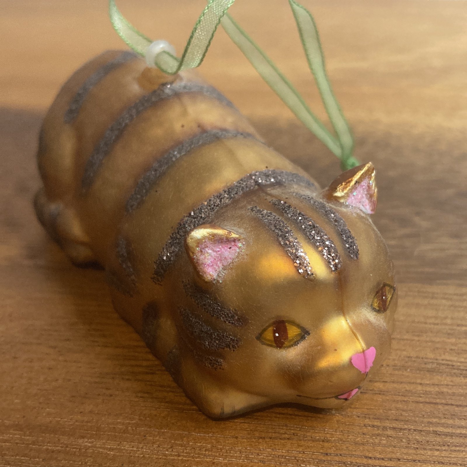Vintage Tabby Cat Glass Ornament glitter stripes