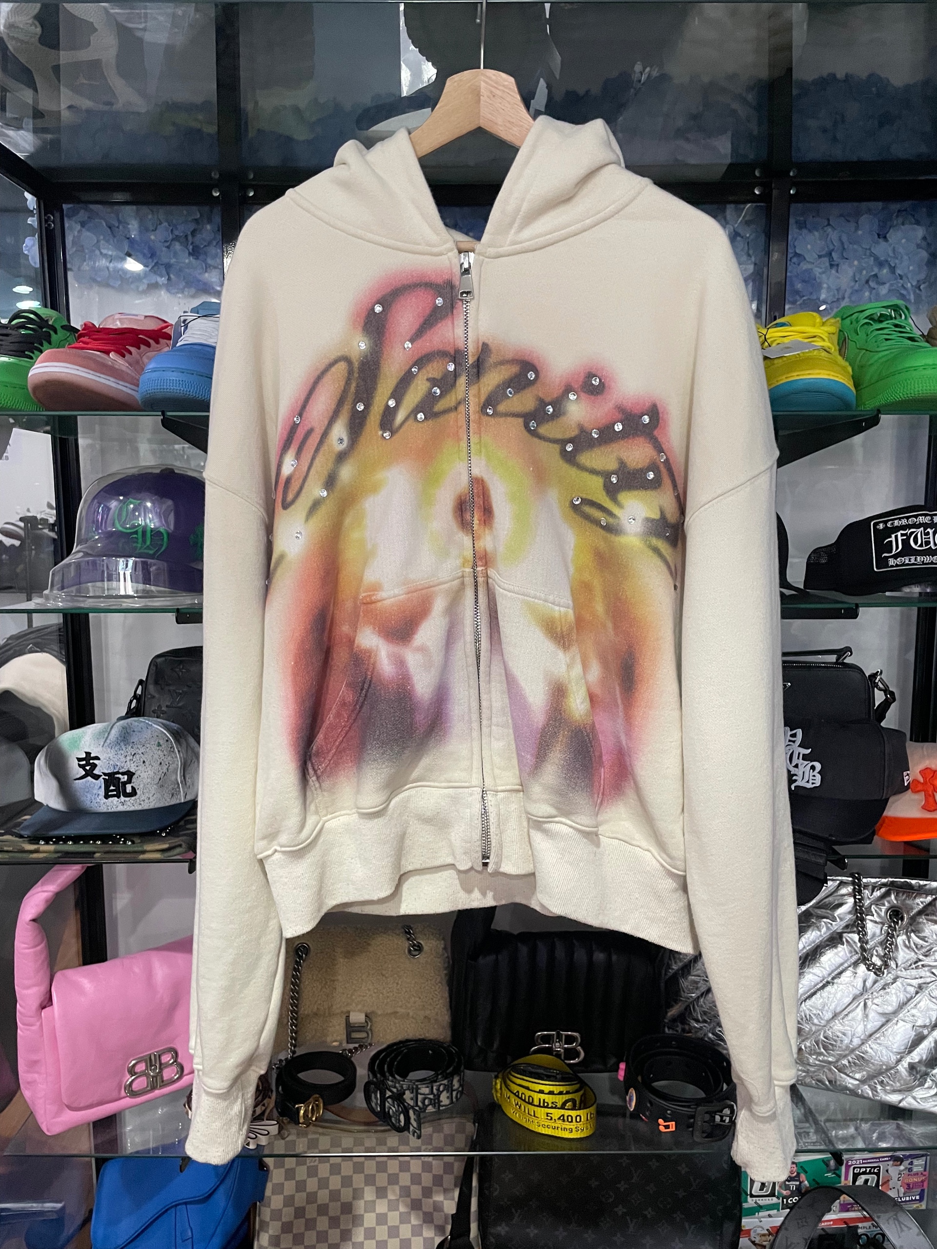 Saint Vanity zip-up airbrushed gradient graphic and rhinestone hoodie size L (used)