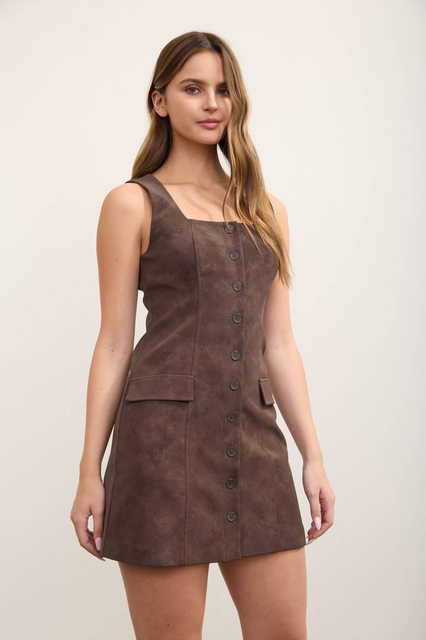 Square Neck Button Down Suede Mini Dress