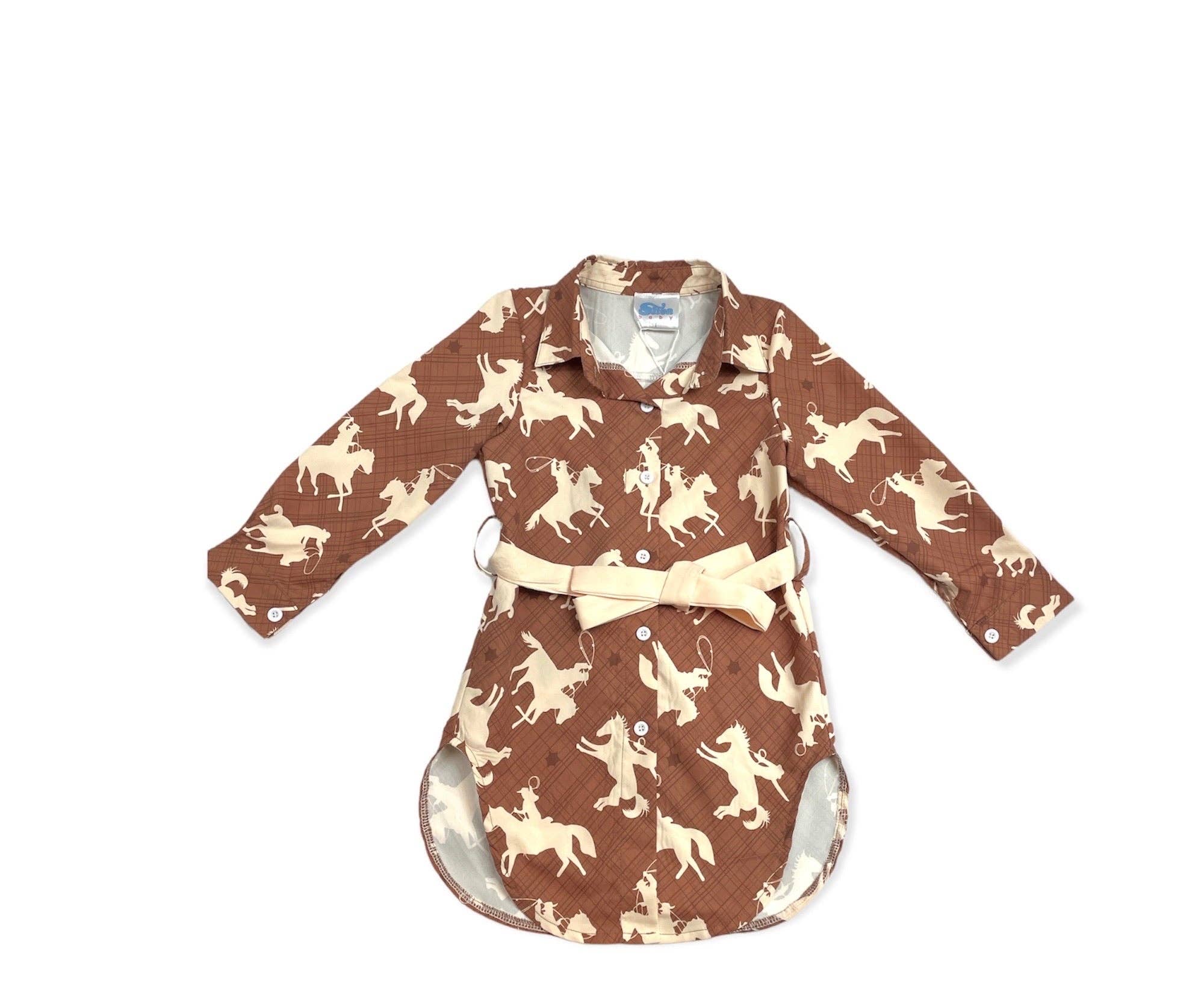 Brown Running Horse Button Up Long Sleeve Dress: 3-6m