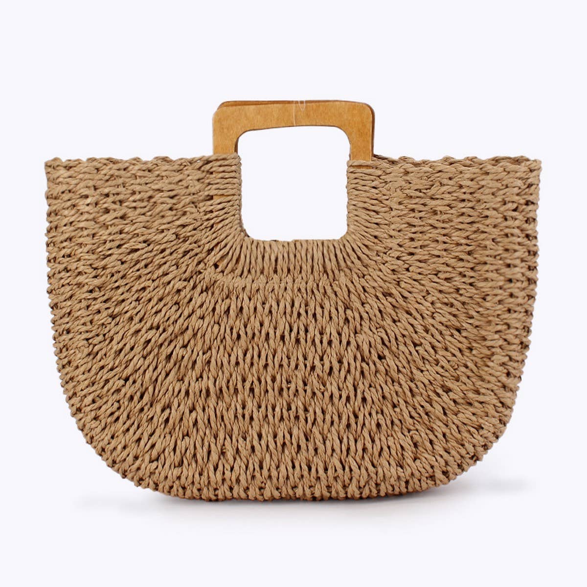 Paper Woven Bag with Wooden Handle - Brown & Tall Handle, O/S