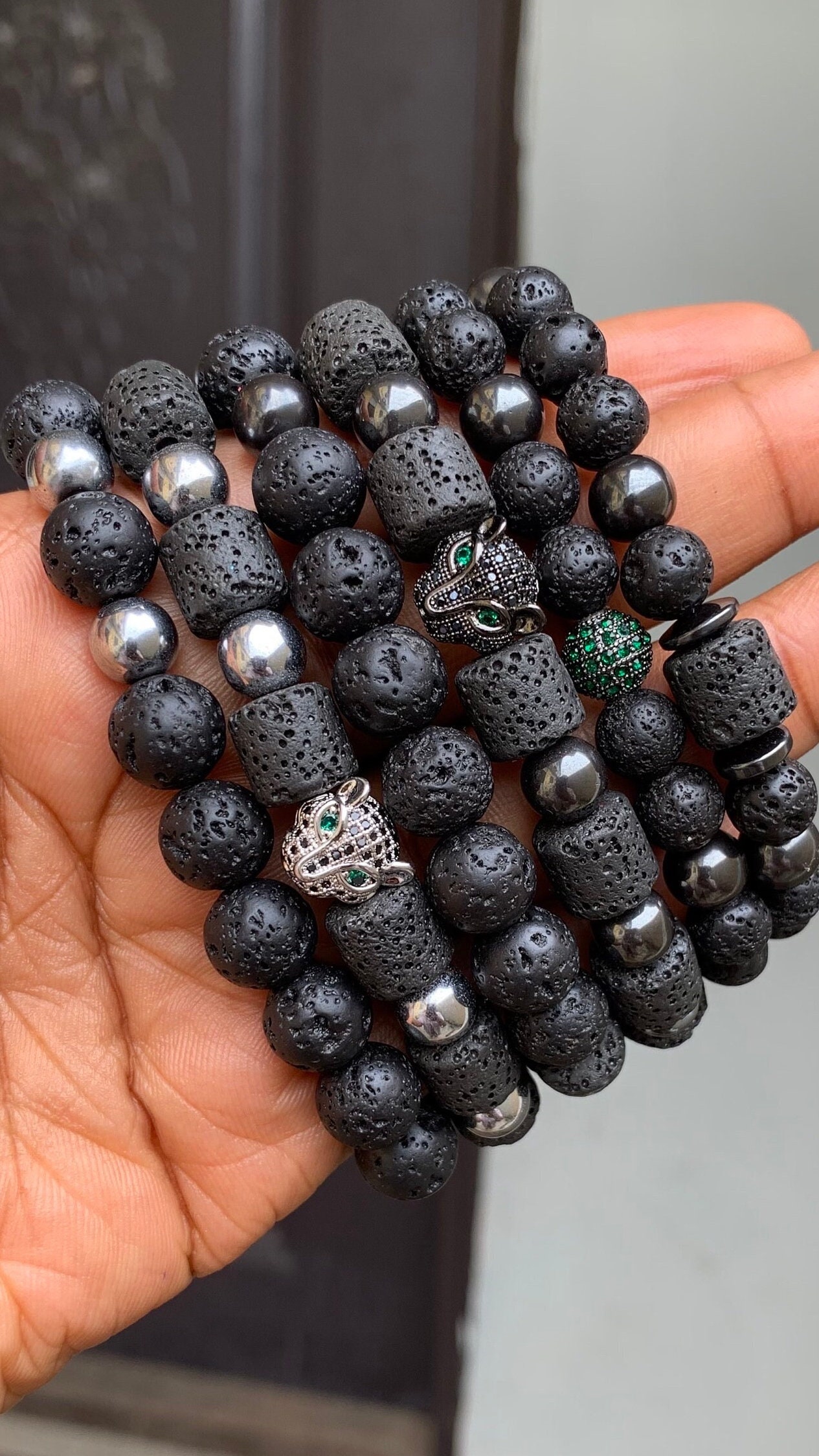 Leopard Head Lava Bead Bracelet Set: Unisex Elastic Bracelet, boyfriend, Father’s Day gift view 4